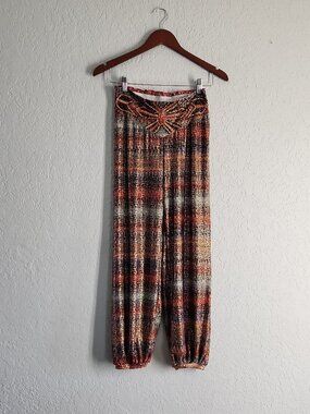 B Swimwear mocked sequined beaded Waist Boho Flowy Yoga Harem Pants stretchy S